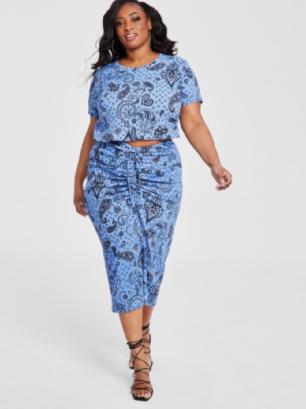 Nina Parker Textured Paisley-Print Drawstring-Ruched Skirt Blue Bandana Print.